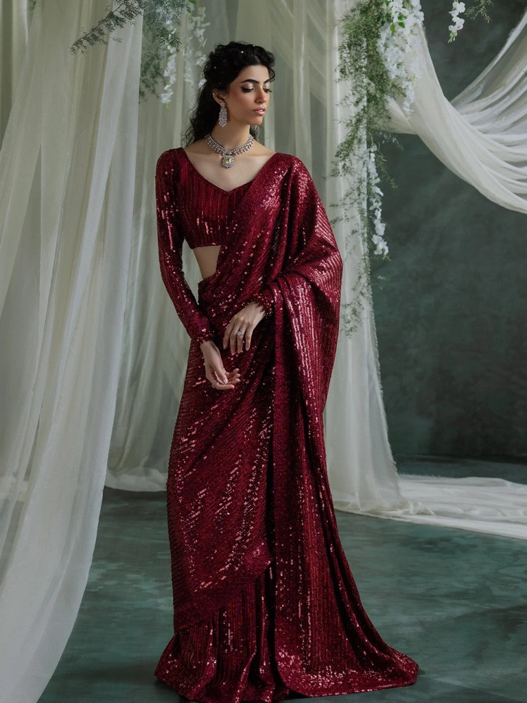 Aik Atelier Sequined Burgundy Saree | Pakistani Designer Formal